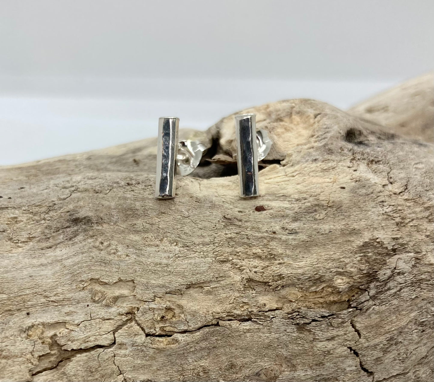 Hammered sterling silver bar stud earrings