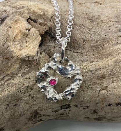 Molten sterling silver and pink Tourmaline pendant