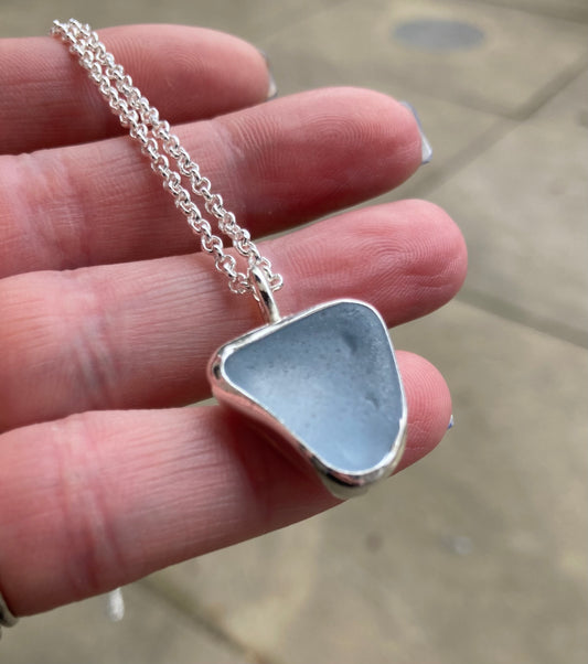 Pale blue Seaham sea glass sterling silver pendant