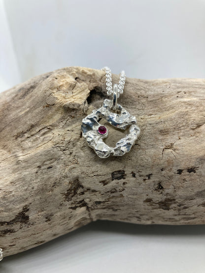 Molten sterling silver and pink Tourmaline pendant