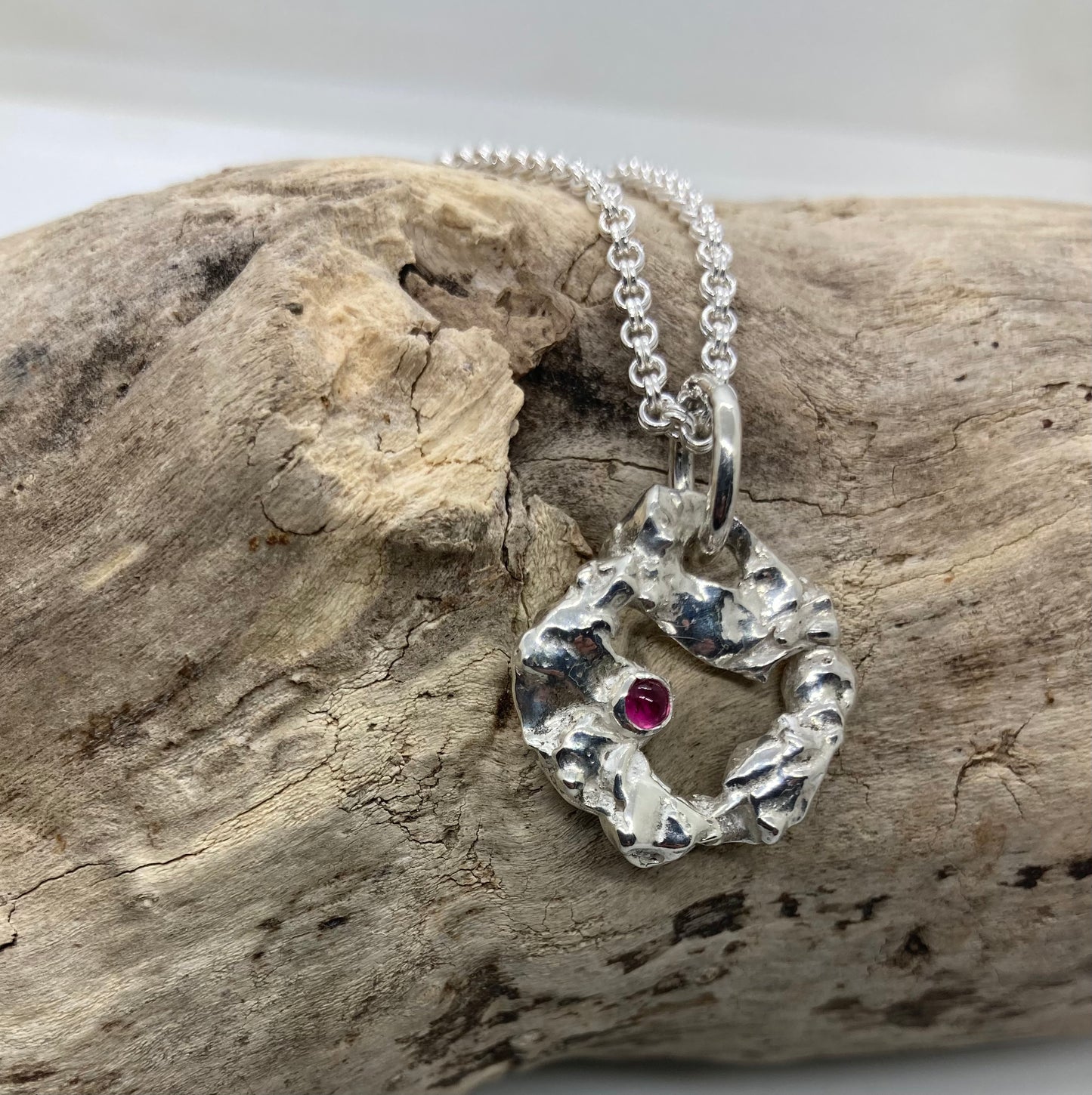 Molten sterling silver and pink Tourmaline pendant