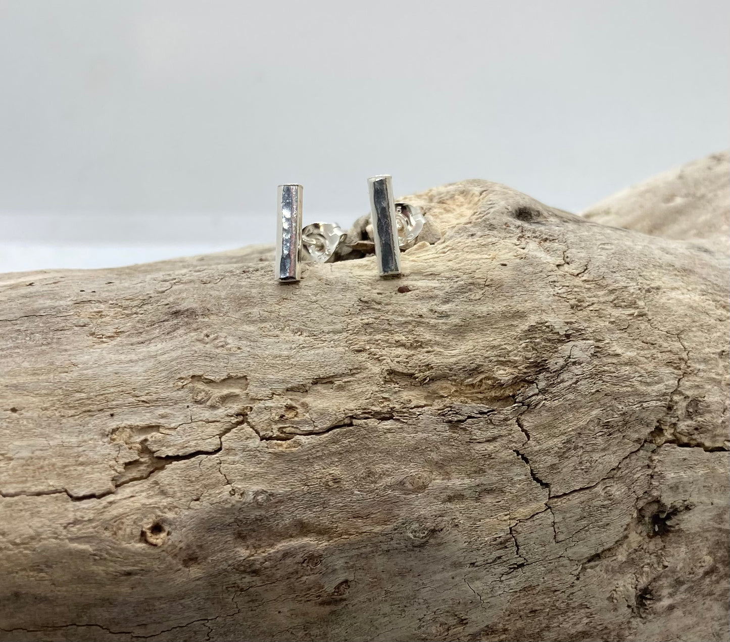 Hammered sterling silver bar stud earrings