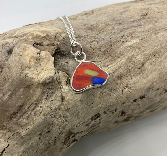 Orange multi coloured Scottish Sea Glass sterling silver pendant