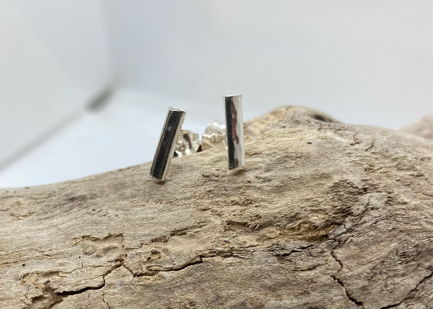 Hammered sterling silver bar stud earrings