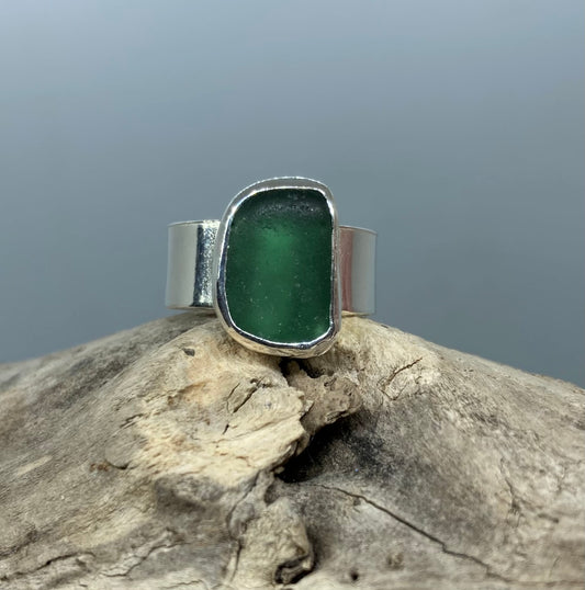 Green Seaham Sea glass sterling silver ring UK size R