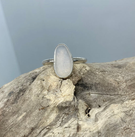 Rare Opalescent Seaham sea glass sterling silver ring UK size O