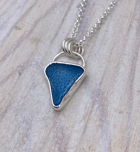 Blue Seaham sea glass triangle pendant