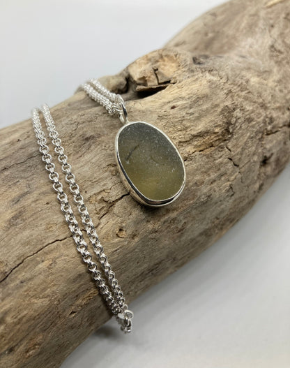 Warm Grey Seaham sea glass sterling silver pendant