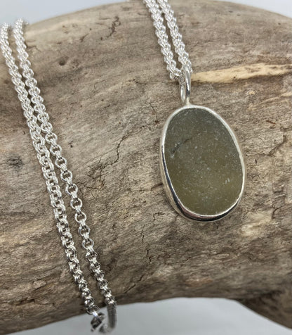 Warm Grey Seaham sea glass sterling silver pendant